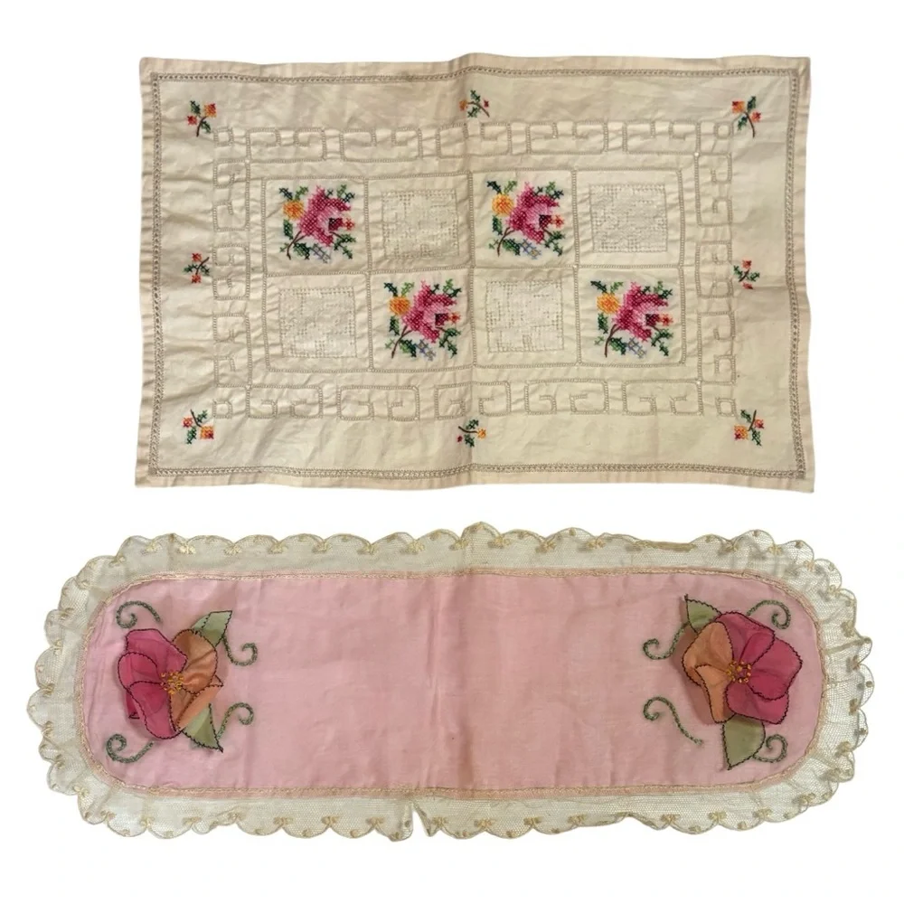 Vintage Embroidered Doily Hand Embroidery Hand Crafted Antique Lace Linen Floral